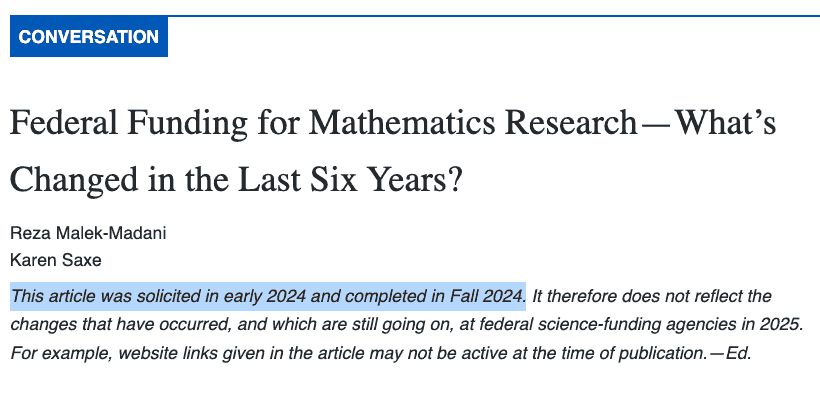 Federal Funding for Mathematics Research—What’s Changed in the Last Six Years?

This article was solicited in early 2024 and completed in Fall 2024. It therefore does not reflect the changes that have occurred, and which are still going on, at federal science-funding agencies in 2025. For example, website links given in the article may not be active at the time of publication. - Ed.