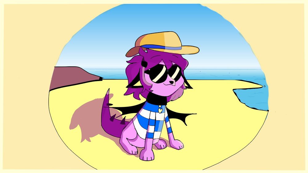 Kira from Far-Fetched standing on the beach, wearing a hat, sunglasses and a dog dress, resembling a sailor outfit.