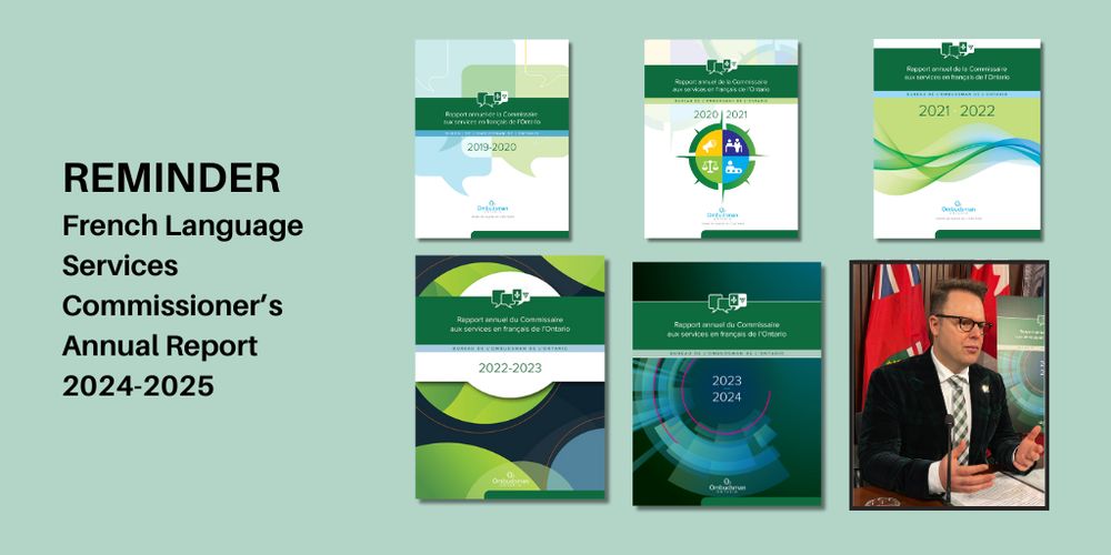 Covers of the annual reports of the Commissioner of French Language Services from 2019 to 2024 and the image of the Commissioner of French Language Services, Carl Bouchard