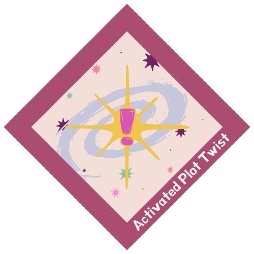 Diamond badge of deep red and pink with an exclamation point over a grey spiral in centre. Activated Plot Twist.