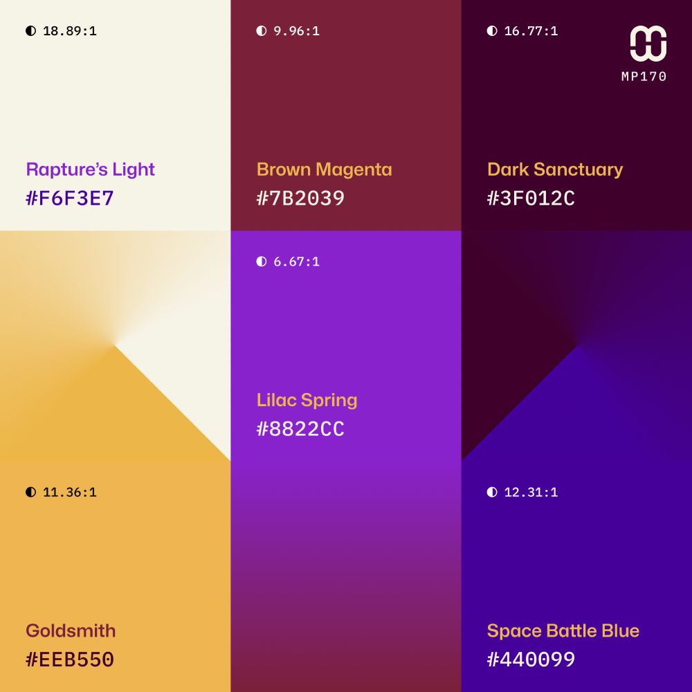 Mindful Palettes Series № 170 - Color dominance grid and sampler with color codes #F6F3E7, #EEB550, #8822CC, #440099, #7B2039, #3F012C