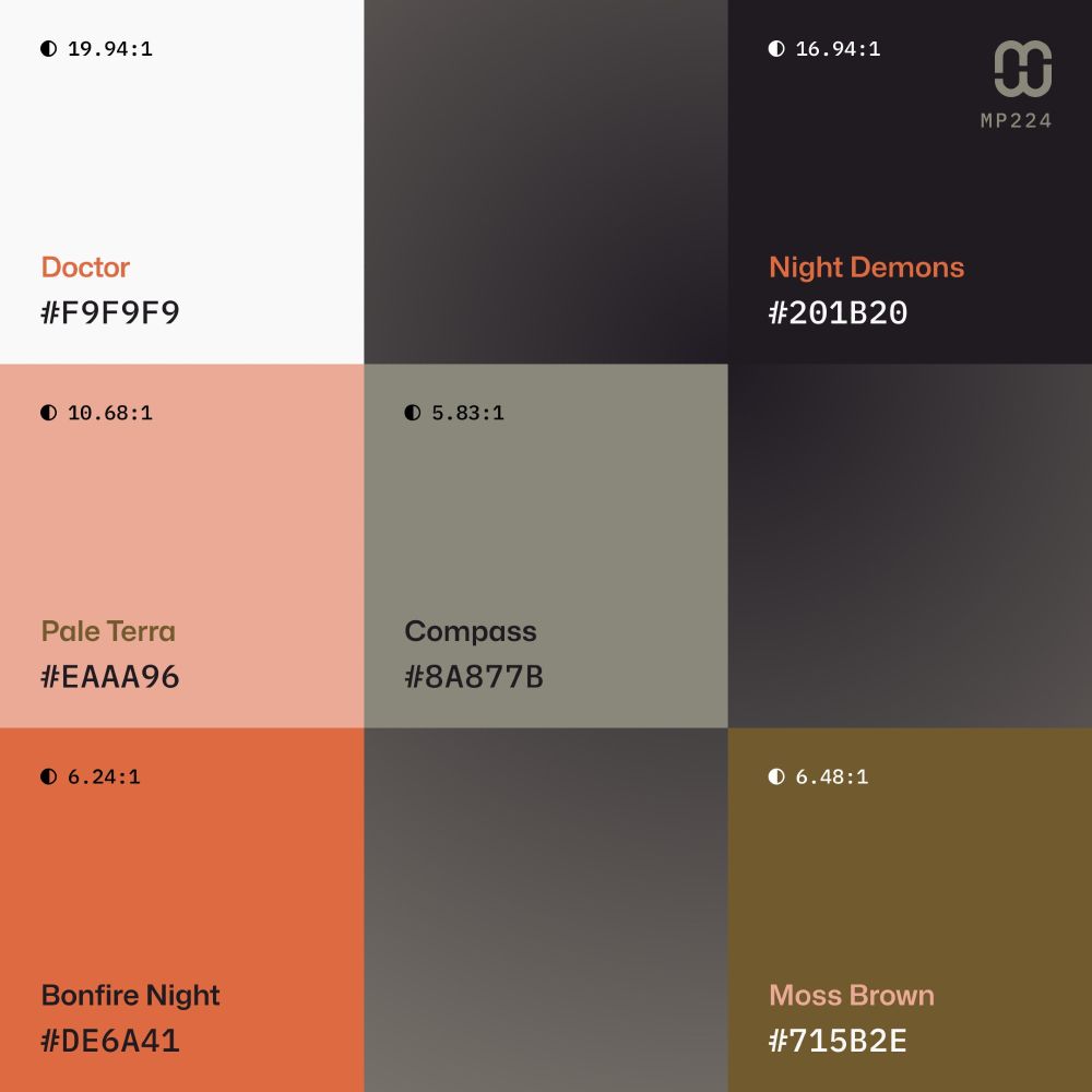 Mindful Palettes Series № 224 - Color dominance grid and sampler with color codes #F9F9F9, #EAAA96, #DE6A41, #8A877B, #715B2E, #201B20