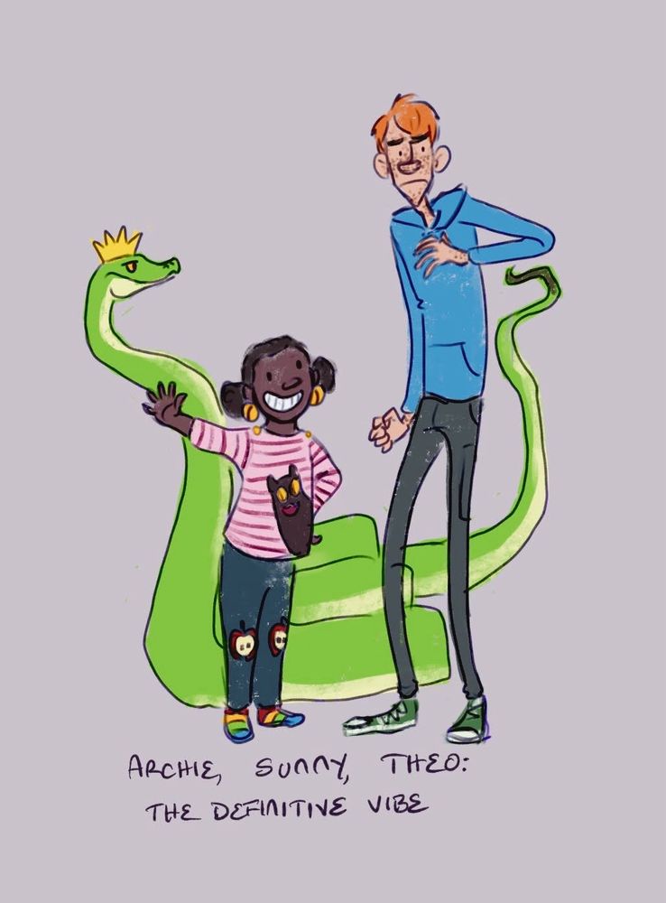 A giant green python—actually a shapeshifting basilisk—wearing a paper crown, coiled up behind a young Black girl (left) in brightly colored clothes who is grinning and waving at the viewer, and a tall white teenaged boy (right) with red hair in a hoodie and joggers, who is frowning and eyeing the basilisk’s tail.