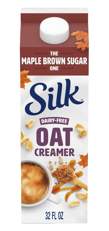 Picture of a carton of Silk brand maple brown sugar flavored dairy-free oat creamer. It has some small fall leaves on it, implying that it’s only a seasonal treat, so get it while you can!