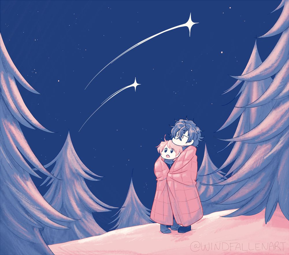 A limited palette chibi illustration for Artfight’s ArcticFight event with my ocs Shiloh and Kano. They are standing together, cuddling under a quilt blanket in a snowy forest watching two shooting stars pass above them.