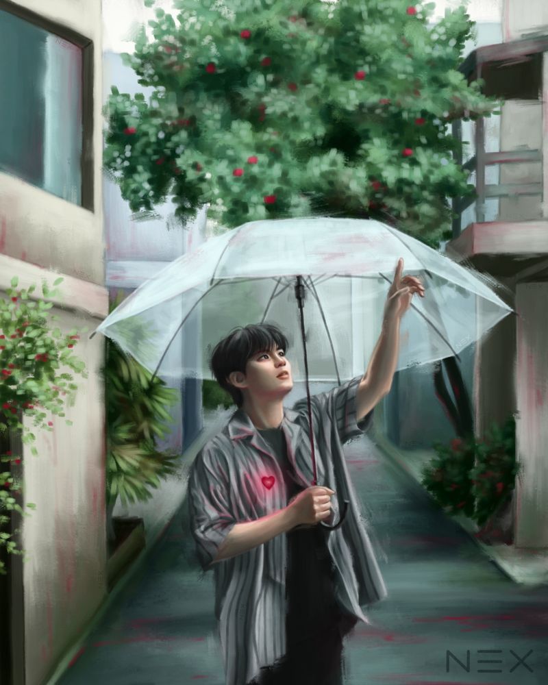 A digital fanart of Jongho of Ateez. He's holding an umbrella and pointing his finger at something in the sky. His hair is black and he's wearing a black T-shirt, grey striped shirt, and black trousers. A red glowing heart shaped pin is pinned to his shirt. Buildings, a street, trees, and bushes can be seen in the background.