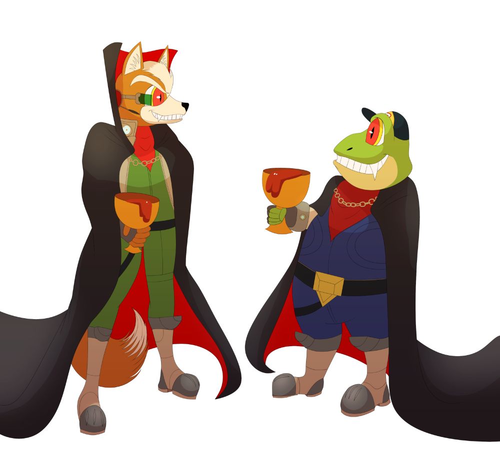 Fox McCloud and Slippy Toad as vampires drinking blood while looking at each other.