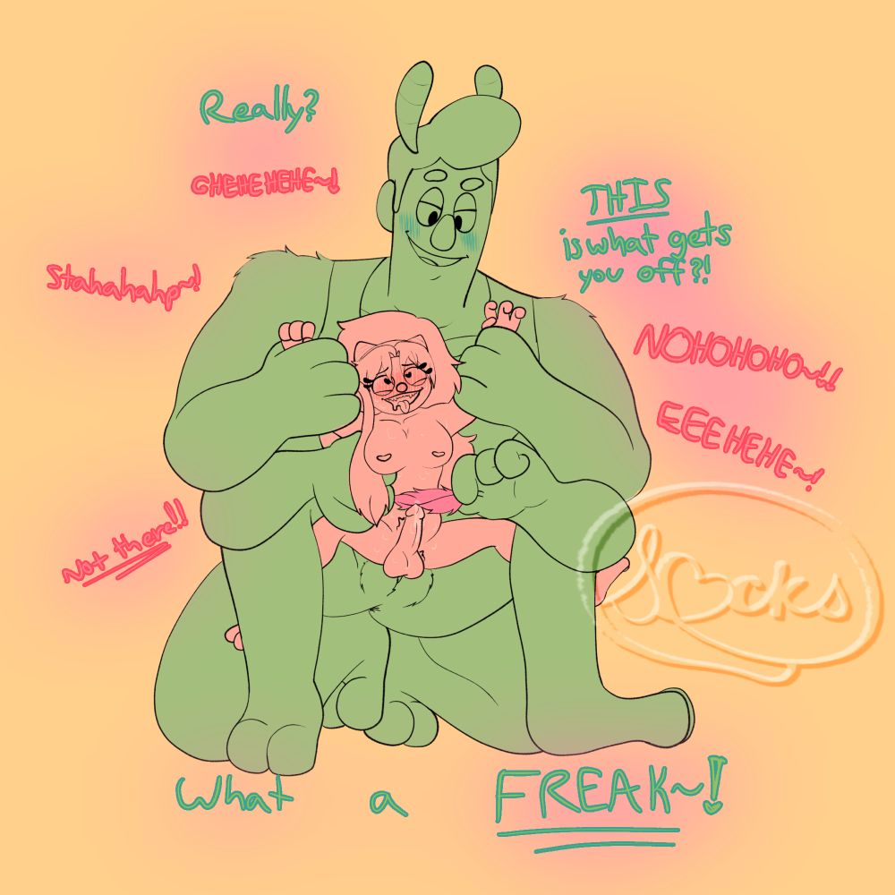 🐛 holding 🌸 arms above her head while he tickles her side with his free hand and tickling her cock slit with a pink feather. Julie is giggling in out various phrases like "not there" "stop" "no" but she has hearts in her eyes and is having the time of her life. Her cock is leaking too. Her hair's a mess and she's blushing and drooling and twitching. 🐛's also teasing her and degrading her. 

🐛: Really? THIS is what gets you off?! What a FREAK~!

ALSO 🐛 PUSSY MENTIONED?!?!