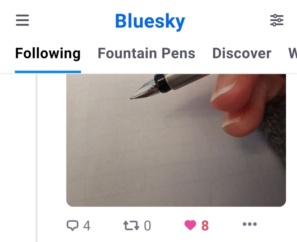 Bluesky home screen showing fountain pens feed.