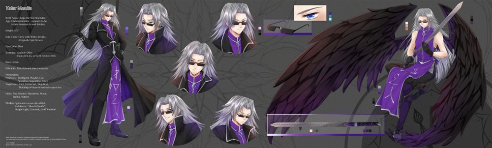 Kalar Meadia's character sheet.  A man with youthful appearance, long grey hair with white streaks and blue eyes. He wears a black long coat and pants with a purple inner piece with runes, and always with his sunglasses. On the right side of the sheet is his winged appearance, sitting while holding his sword.