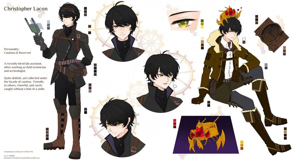 Christopher Lacon's character sheet.  He has wavy black hair, lime green eyes and fair skin.  He wears his technician uniform(left fullbody) and a more casual steampunk-themed attire(right fullbody).  He also has a cute(and mildly evilly plotting) golden mechanical companion.