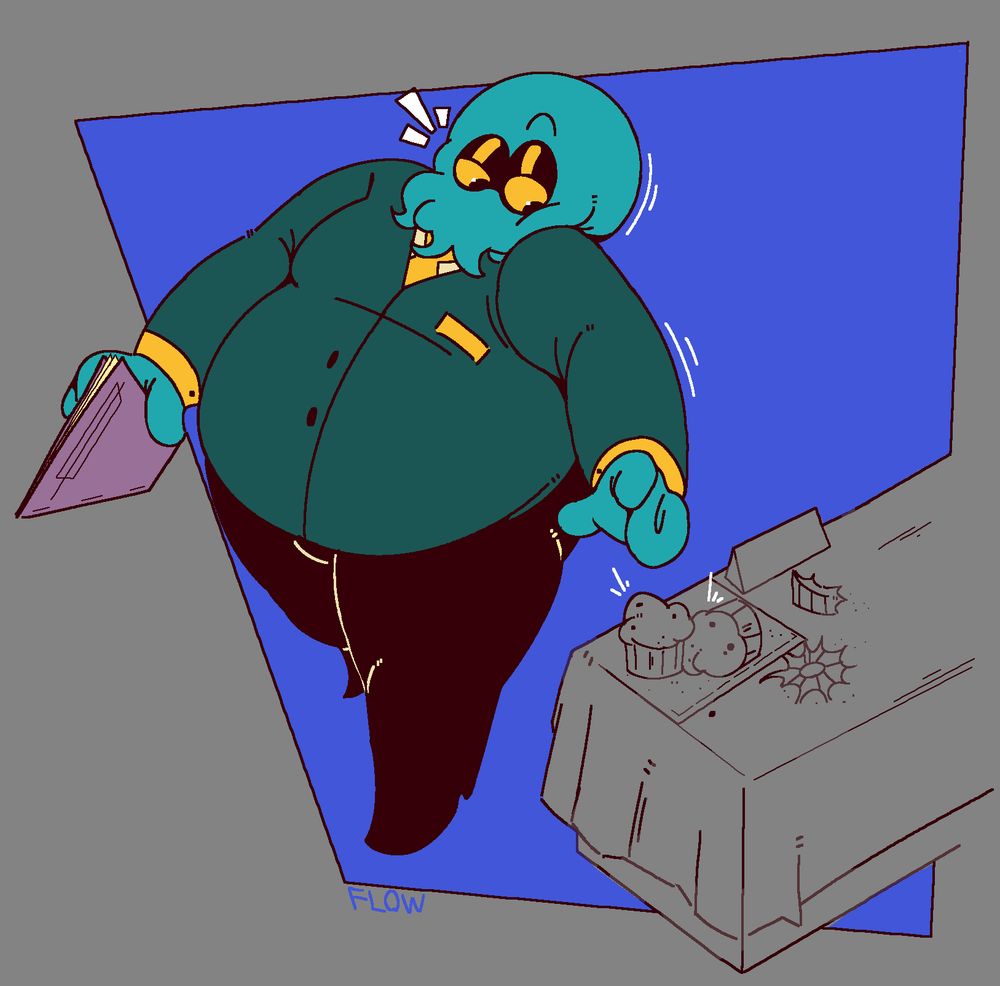 A octopus/squid man in a dark bluish-green jacket reaching towards a muffin, a pleasantly surprised expression on his face