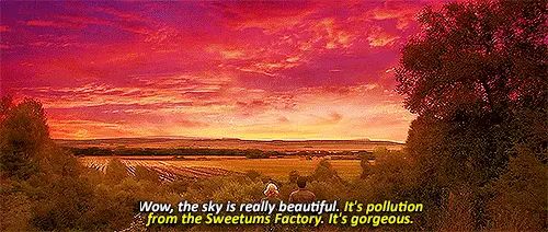 Screenshot from an episode of Parks & Rec. Leslie and Ben are sitting in the foreground admiring a gorgeous, purple, red, and golden sunset in a rural countryside. The photo caption shows a comment from Ben: “Wow, the sky is really beautiful.” “It’s pollution from the Sweetum’s Factory,” Leslie reminds him. “It’s Gorgeous”