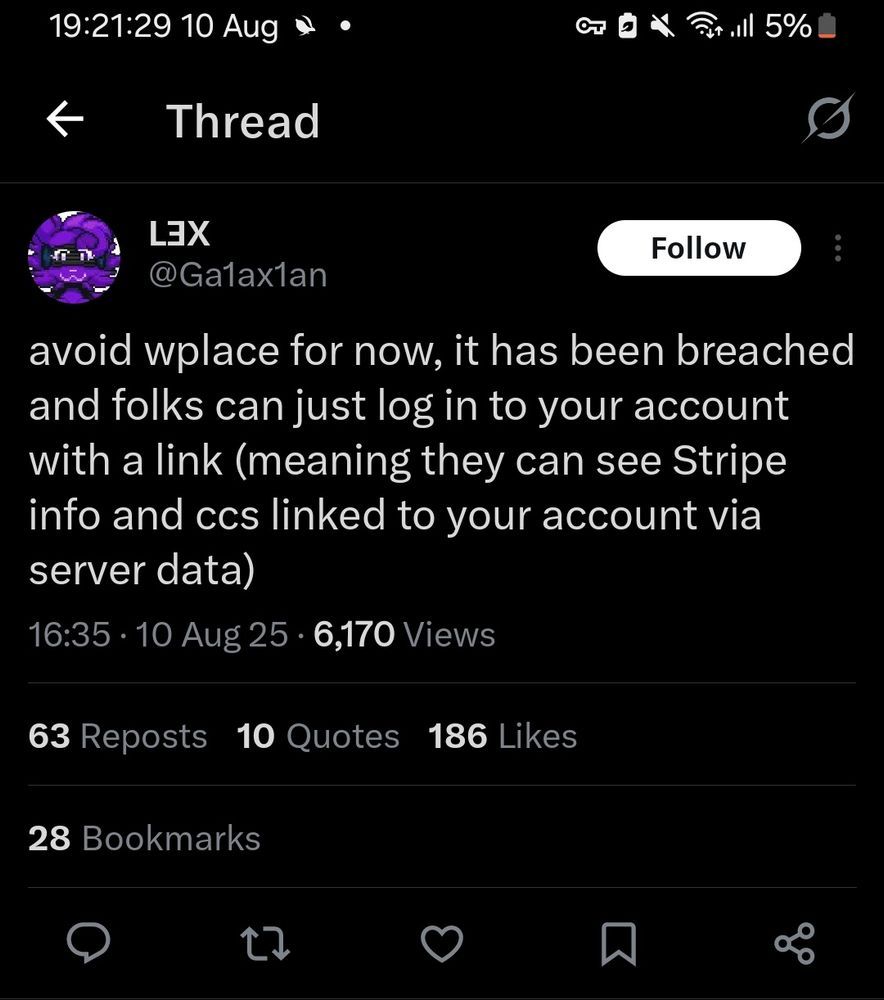 A tweet from ga1ax1an which says "avoid wplace for now, it has been breached and folks can just log in to your account with a link (meaning they can see Stripe info and ccs linked to your account via server data)