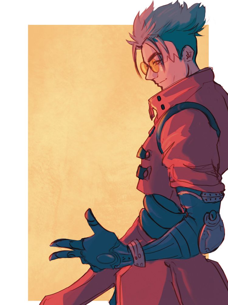 A drawing of Vash the stampede from Trigun with a yellow background