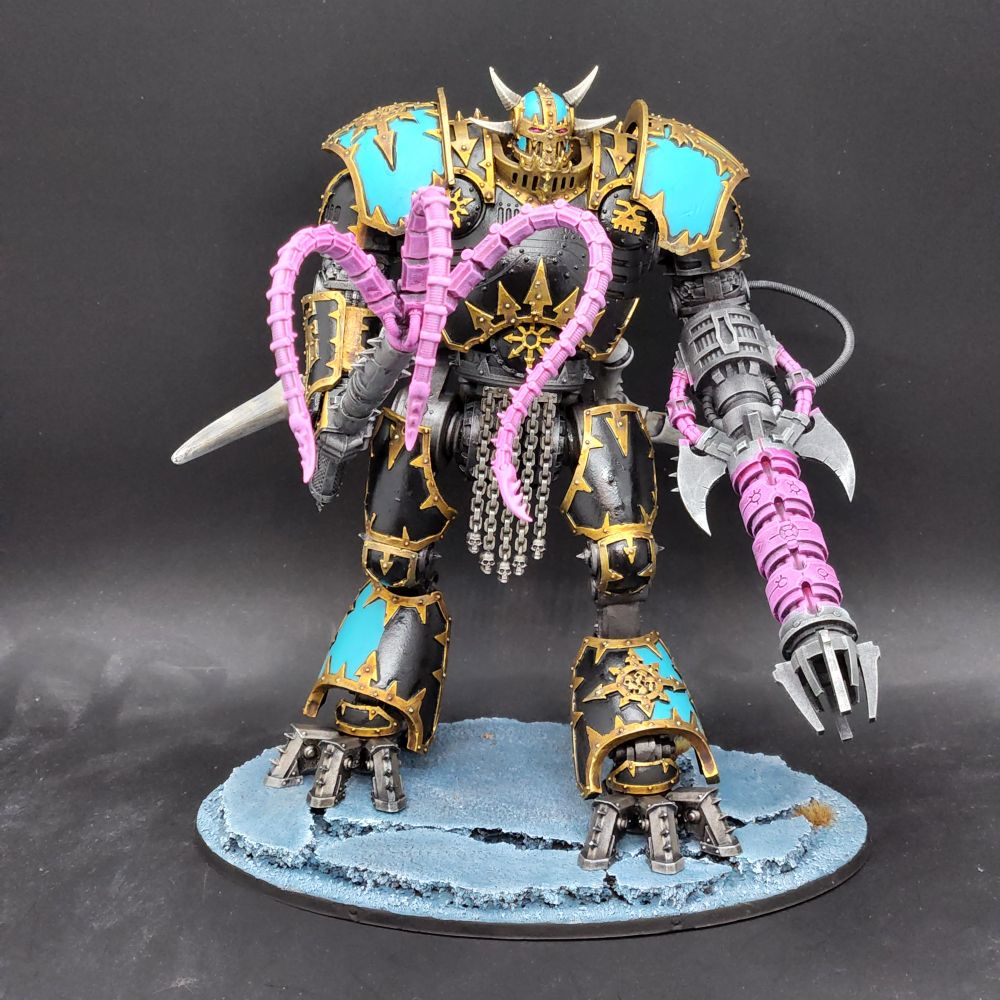 Kytan Ravager converted into a Knight Abominant painted arcane blue and black with gold trim.