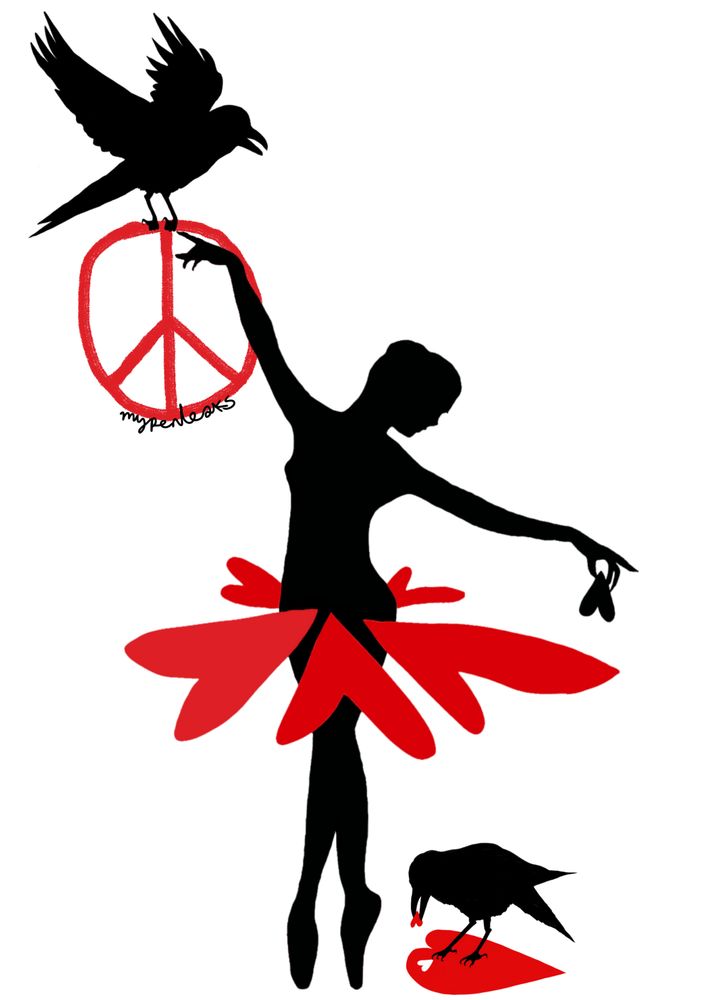 crow ballerina with heart tutu, dances for peace and love