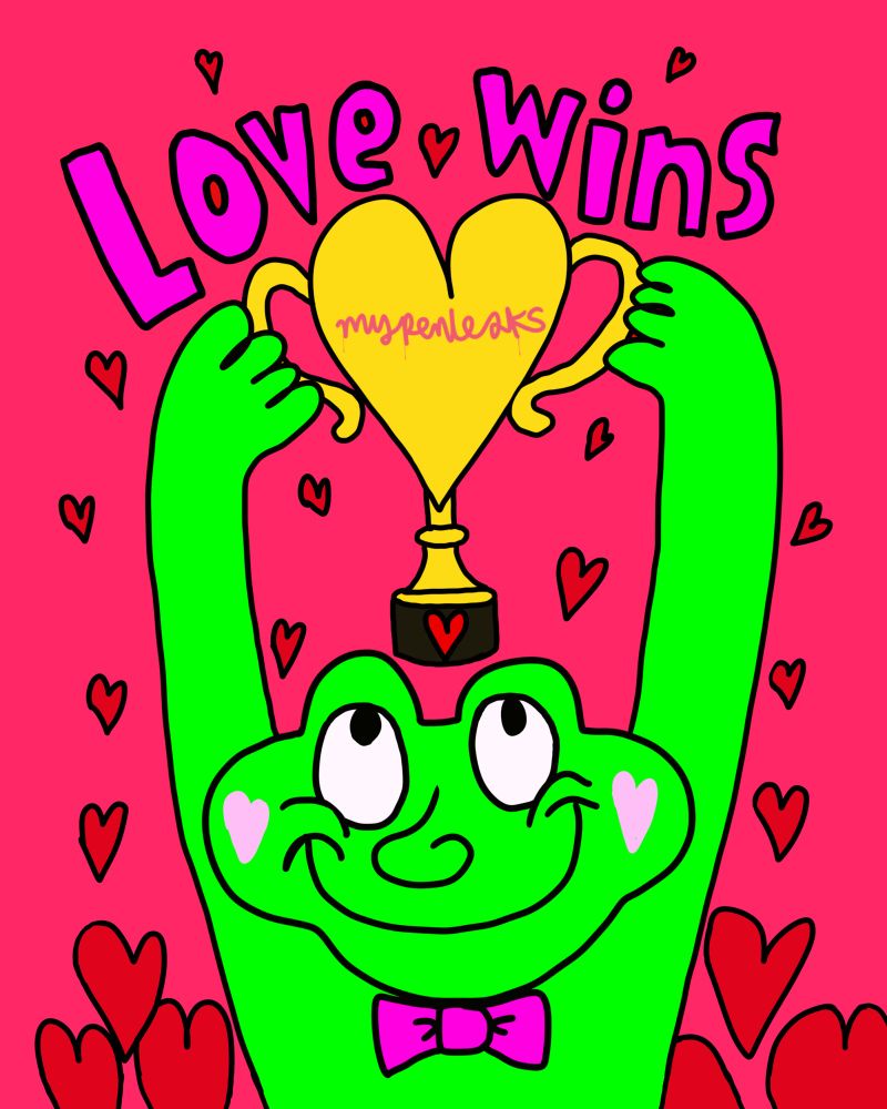 Fwog joyfully lifting a heart shaped trophy because love wins. 