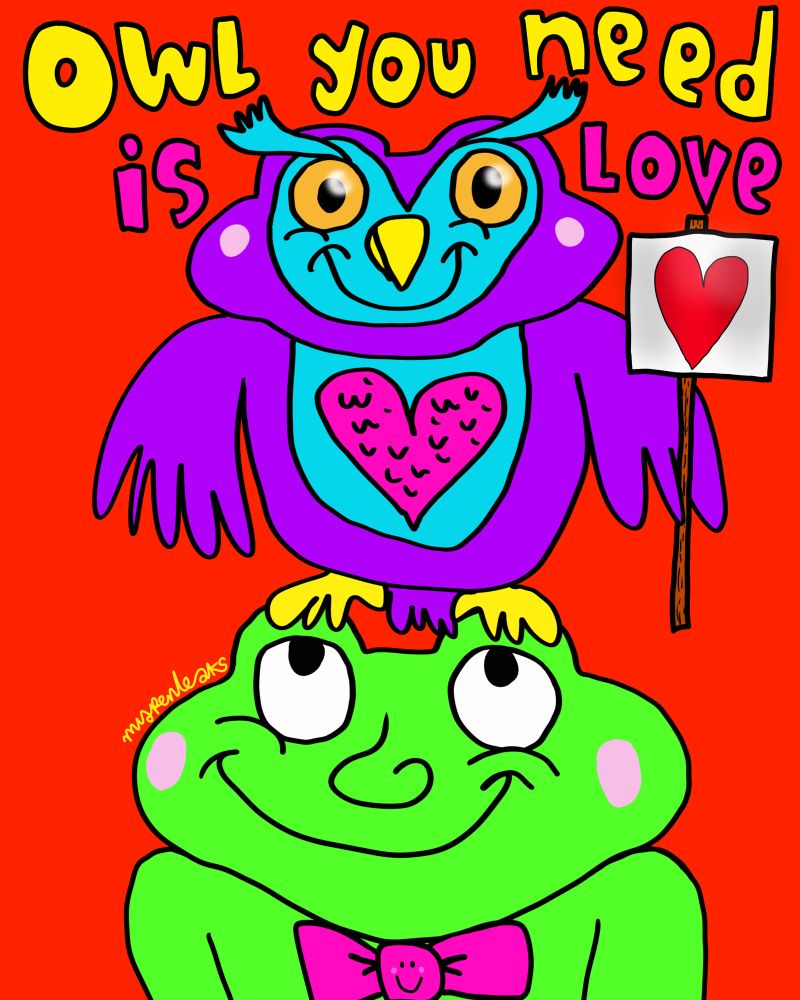An owl perches on fwogs head holding a sign with a heart on. 
