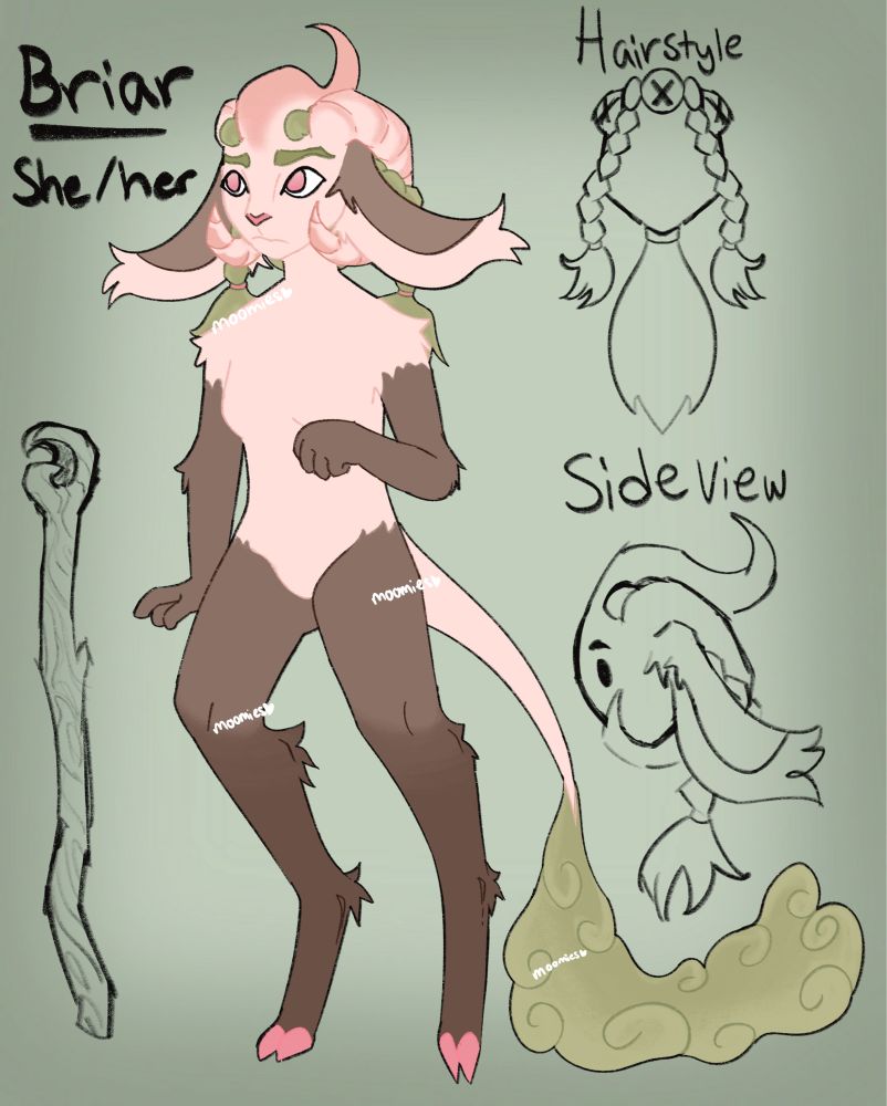 a pink green and brown faun tiefling hybrid