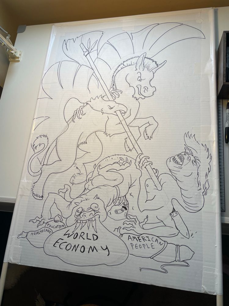 Process photo of the protest sign; the lineart has been completed. 