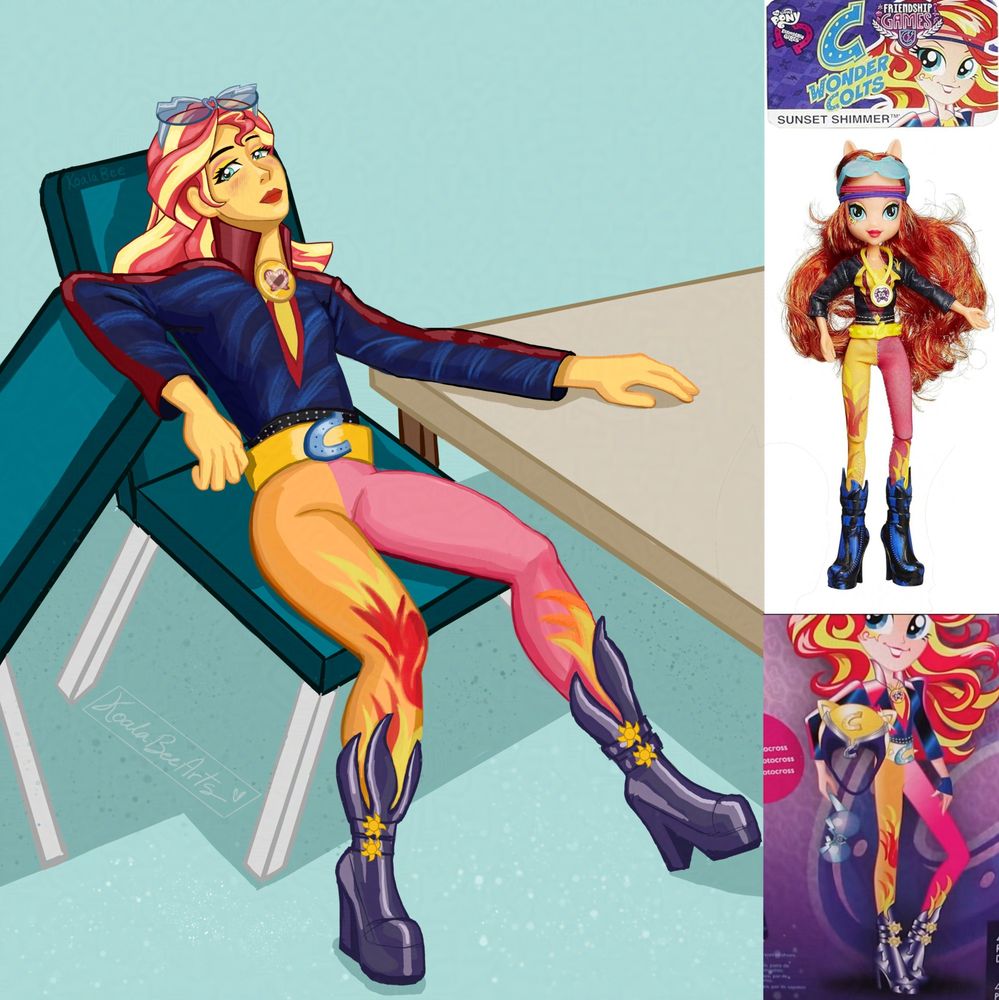 Motocross sunset shimmer, based off of the equestria girls doll design. She's sitting down relaxed in the school's cafeteria chair, resting her arm on another chair, with her other arm on a table. 

She has split-coloured light orange and light pink pants with flames printed on them. She has a dark blue jacket with a red stripe on the sleeves of the jacket.

 For accessories, she has a gold medal with the Equestria Girls symbol and gold belt. On it, it has a blue 'C' to represent Canterlot Wondercolts.
There are blue glasses on her head with a lightning bolt on top of them.
And the shoes are heels which are a dark purple with two small suns on the side of each shoe.