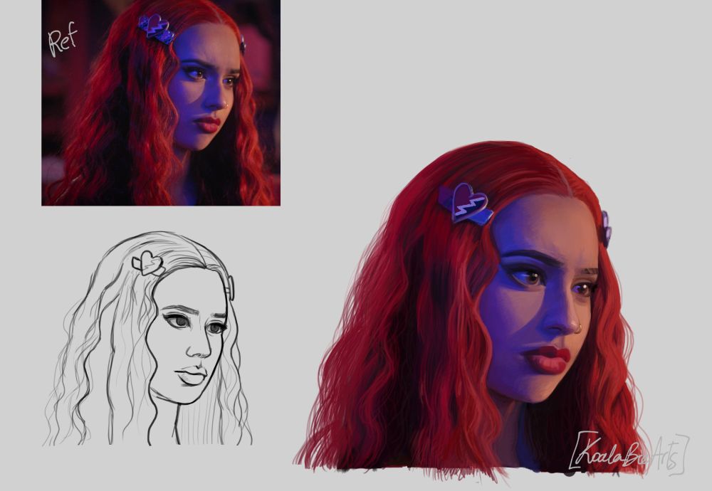 Realism painting of Princess Red from Descendants Rise of Red. This picture shows my process of making the painting. It has the reference image, the sketch of the face, and then the final rendered painting next to it. 

It's one of the final shots near the end of the movie where Chloe is telling Red that she is a good person and that she misjudged her.

Red's face and red hair has cool lighting reflected onto her right side. And on her left side, it's warmer lighting. She has a calm expression on her face. Her eyes are slightly sparkling