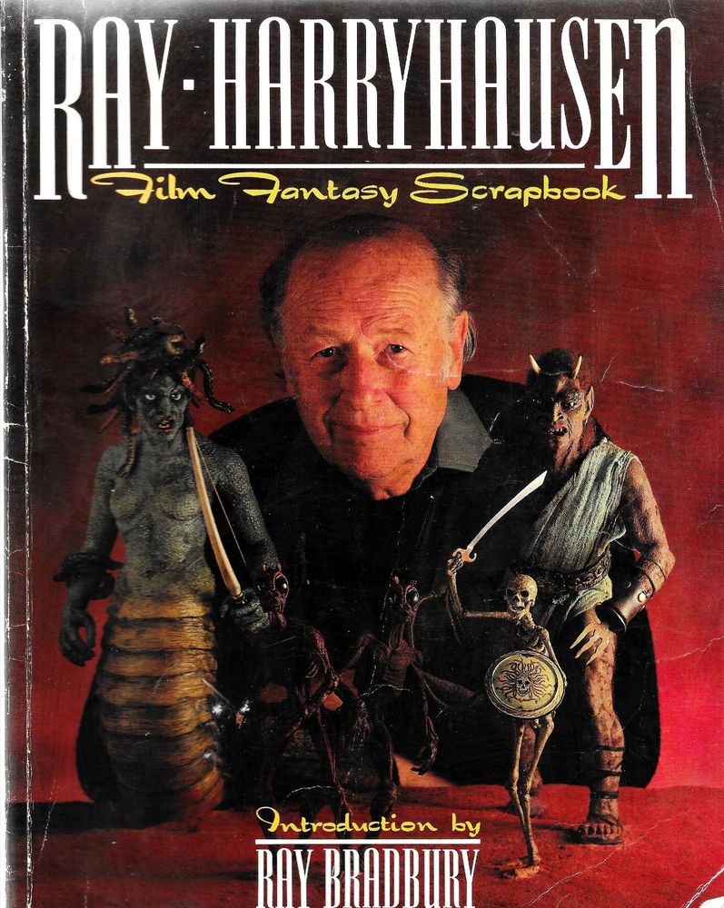 The cover of Ray Harryhausen's Film Fantasy Scrapbook - a portrait of Ray with several of his miniatures - including a fighting skeleton and the Medusa.