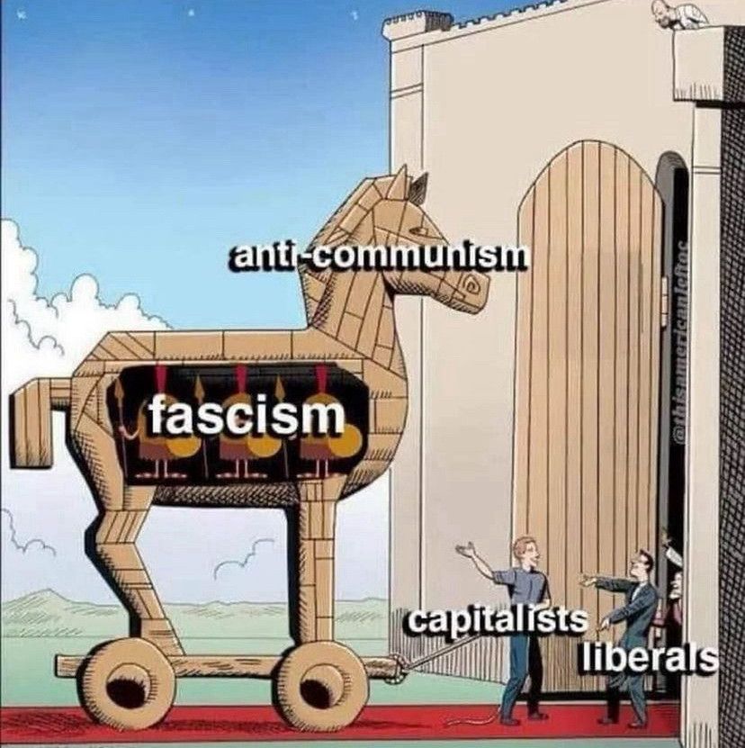 A trojan horse labelled 'fascism' being taken inside by capitalists and Liberals 
