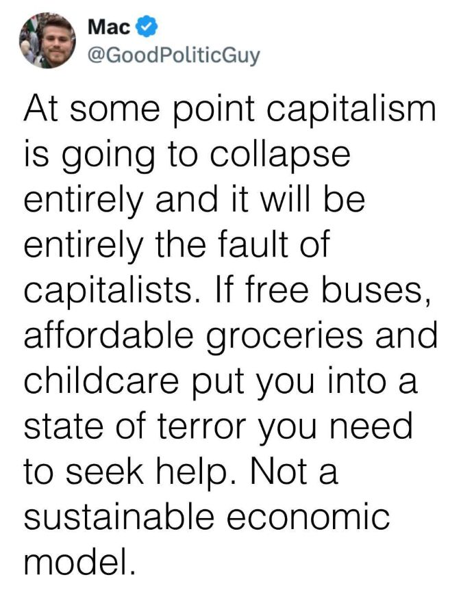 At some point capitalism is going to collapse entirely and it will be entirely the fault of capitalists. If free buses, affordable groceries and childcare put you into a state of terror you need to seek help. Not a sustainable economic model. 