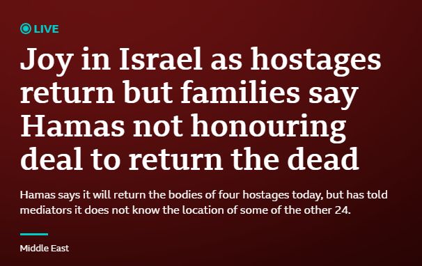 Joy in Israel as hostages return but families say Hamas not honouring deal to return the dead. 
