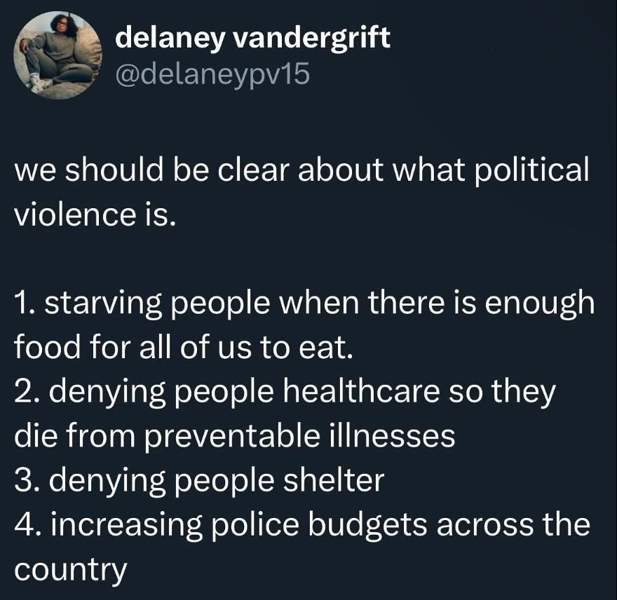 We should be clear about what political violence is;

1. Starving people when there is enough food. 
2. Denying people healthcare so they die from preventable illnesses. 
3. Denying people shelter
4. Increasing police budgets across the country 