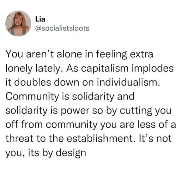 You aren't alone in feeling extra lonely lately. As capitalism implodes it doubles down on individualism. Community is solidarity and solidarity is power so by cutting you off from community you are less of a threat to the establishment. It's not you, it's by design. 