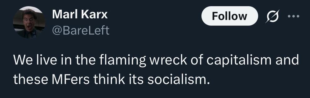 We live in the flaming wreck of capitalism and there Mfers think its socialism. 
