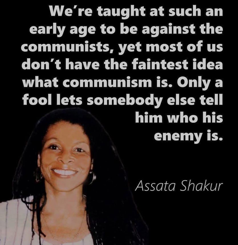 "We're taught at such an early age to be against the communists, yet most of us don't have the faintest idea what communism is. Only a fool lets somebody else tell him who his enemy is
Assata Shakur
