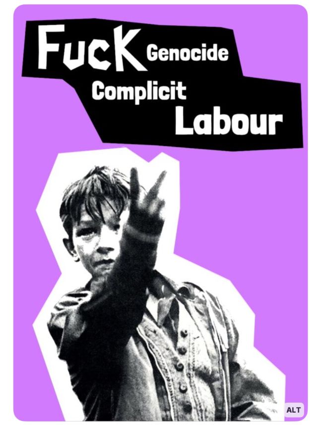 "Fuck genocide complicit Labour" 
Boy flicking the V sign with his fingers 