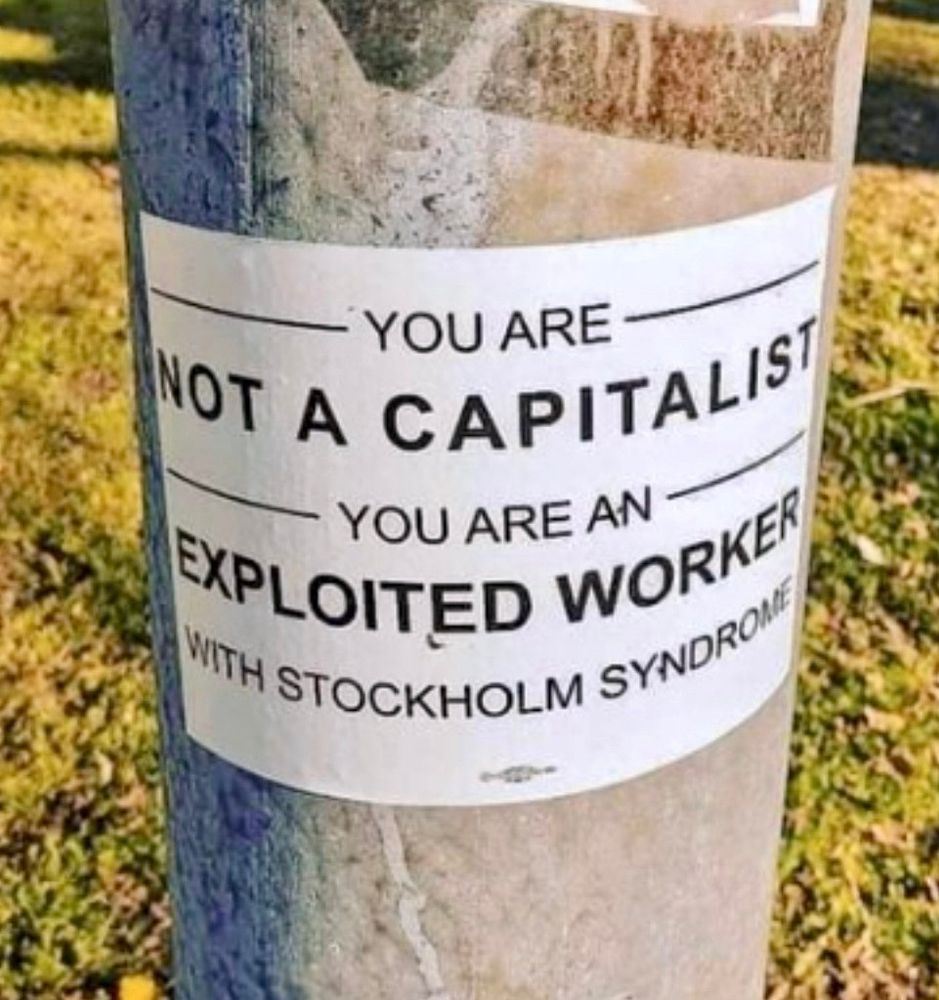Lamp post sticker "you are not a capitalist. You are an exploited worker with stockholm syndrome" 