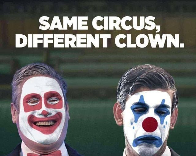 Keir starmer and rishi sunak with clown faces 