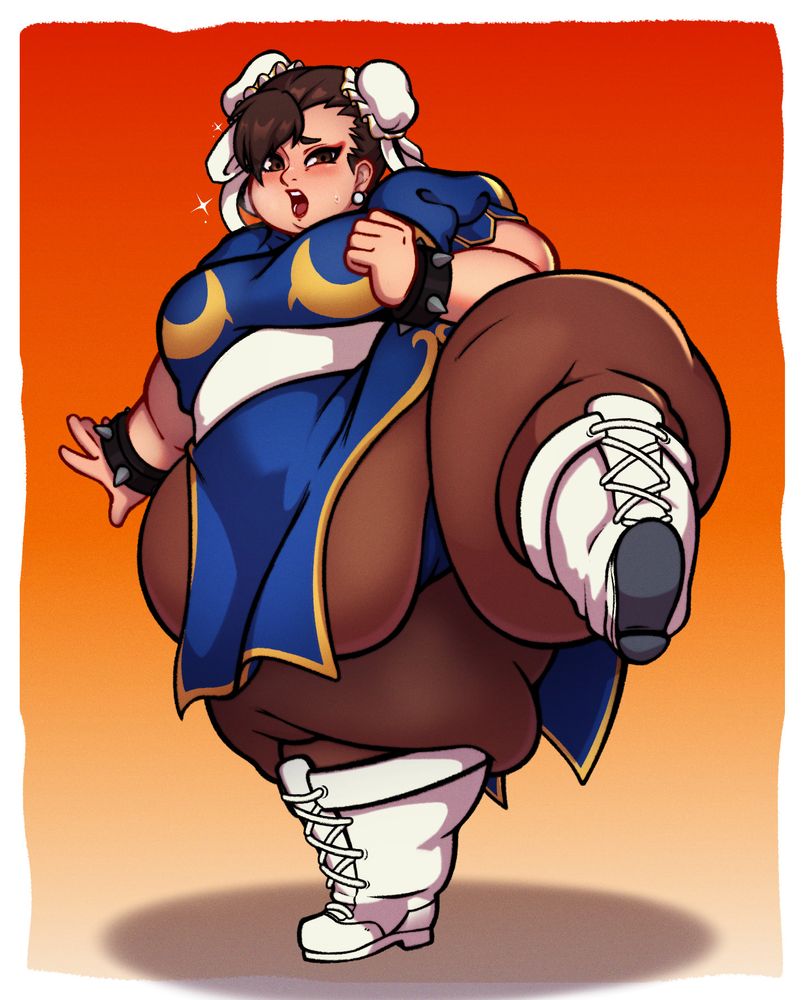 Chun Li but very wide, struggling to lift up her heavy leg