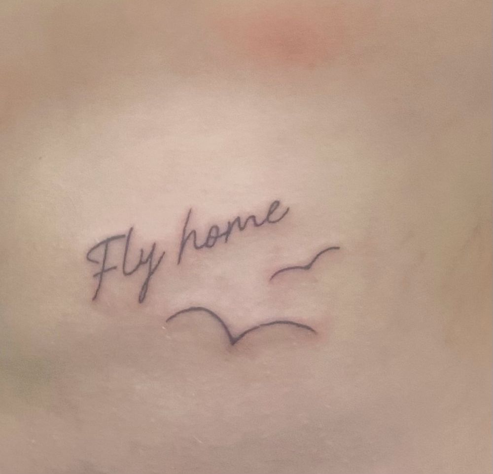 A fresh tattoo of two seagulls doodles and the words fly home 