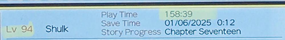 A screenshot of the Xenoblade 1 save menu, at level 94 with a playtime of 158 hours and 39 minutes
