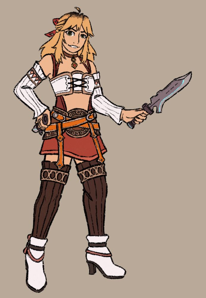 A digital drawing of Fiora from Xenoblade, based on official art. She has one hand on her hip, and the other outstretched. Both are holding her hunting daggers. Dark roots are visible towards the top of her hair.