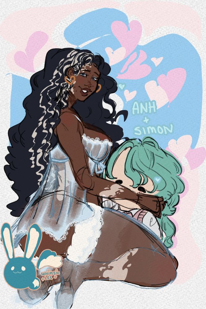 A black woman with vitiligo and long blue black hair, sitting down with sheer baby doll dress. The woman has a stuffed plushie of a person with green long hair and pink clothes