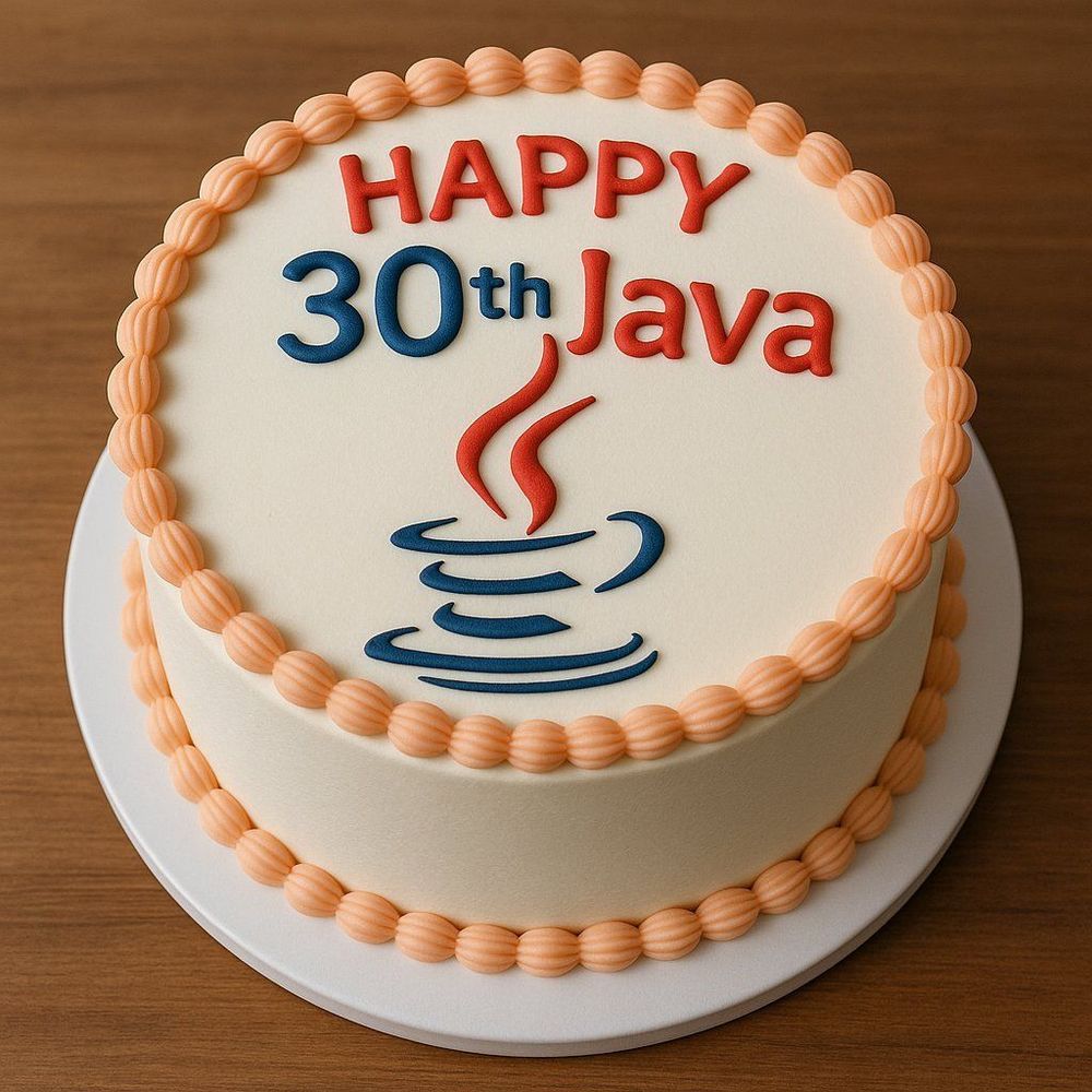 Birthday cake decorated with the words 'Happy 30th Java' and the Java programming language coffee cup logo