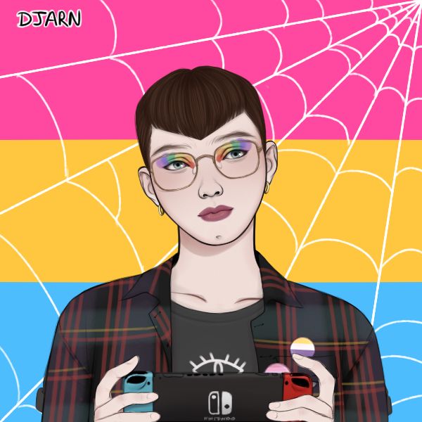 {Pansexual flag in the background with spiderwebs over it that are white. A person is in front of the background that is holding a Nintendo switch with Auburn hair, white skin, faded, light red lips, rainbow eyeshadow, hazel eyes, and is wearing a red, black, and yellow flannel checkered shirt with a T-shirt underneath that is gray and white that has the evil eye in the middle that is white. The shirt has a non-binary pin on it.}