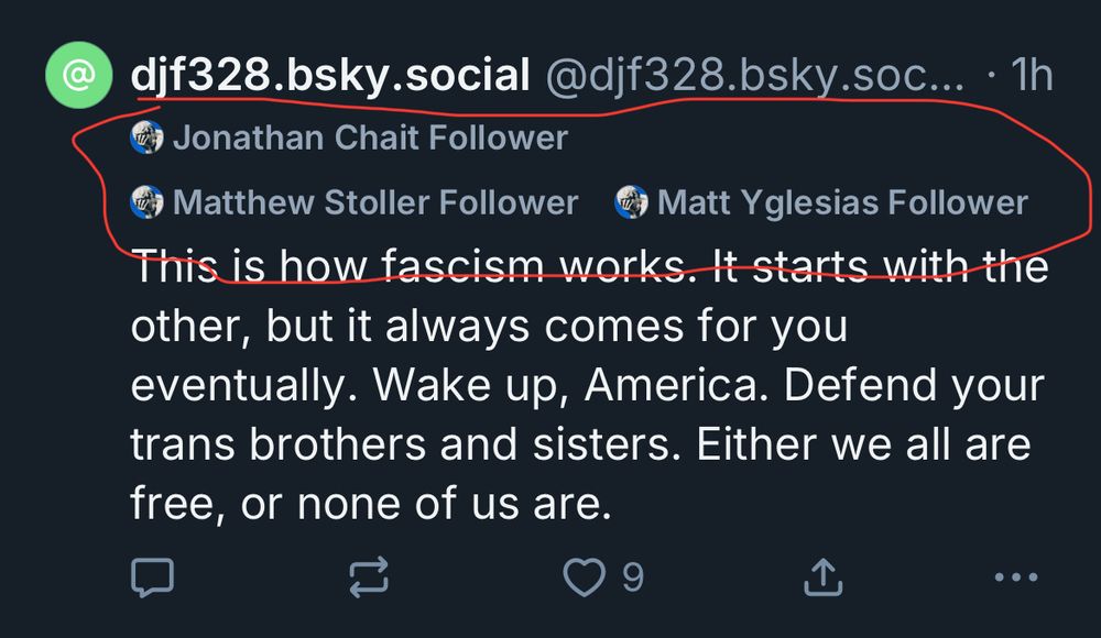 Post that says “This is how fast is a works. It starts with the other, but it always comes for you eventually. Wake up, America. Defend your trans, brothers and sisters. Either we are all free, or none of us are.” From bluesky in white font with a dark blue background.