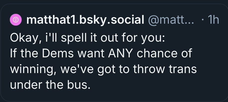 “Okay, I’ll spell it out for you: If the Dems want ANY chance of winning, we’ve got to throw trans people under the bus..”