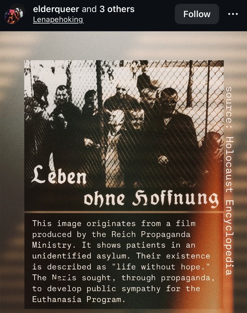 {More propoganda. Brown and light reddish brown/grey background with German text. The English below it says “This image originates from a film produced by the right propaganda ministry. It shows patients in an unidentified asylum. Their existence is described as “life without hope.” The Nazi sought, through propaganda to develop public sympathy for the euthanasia program.”}
