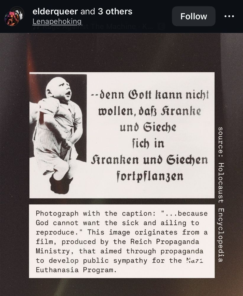 {Same coloring as most of the other brown and white posters, with German text in dark brown. English below, it says “Photograph with the caption: Because god cannot want the sick and ailing to reproduce. This image originates from a film, produced by the propaganda of ministry that aimed through propaganda that developed public sympathy for the Nazi euthanasia program.”}