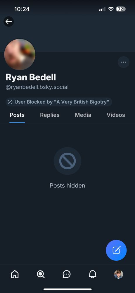 https://bsky.app/profile/ryanbedell.bsky.social Ryan’s profile, showing he is on the “a very British bigotry” list.